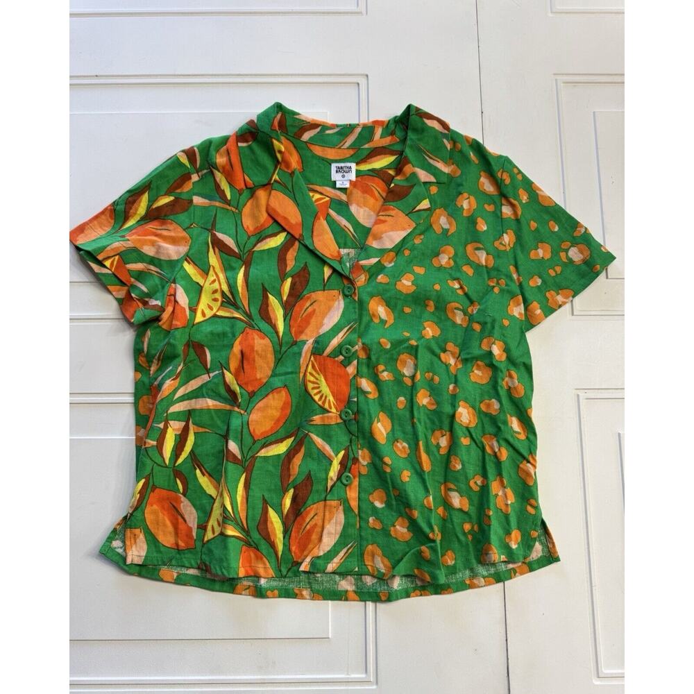 Tabitha Brown Target Button-Up Shirt Linen Small Green Leopard Orange Print Top